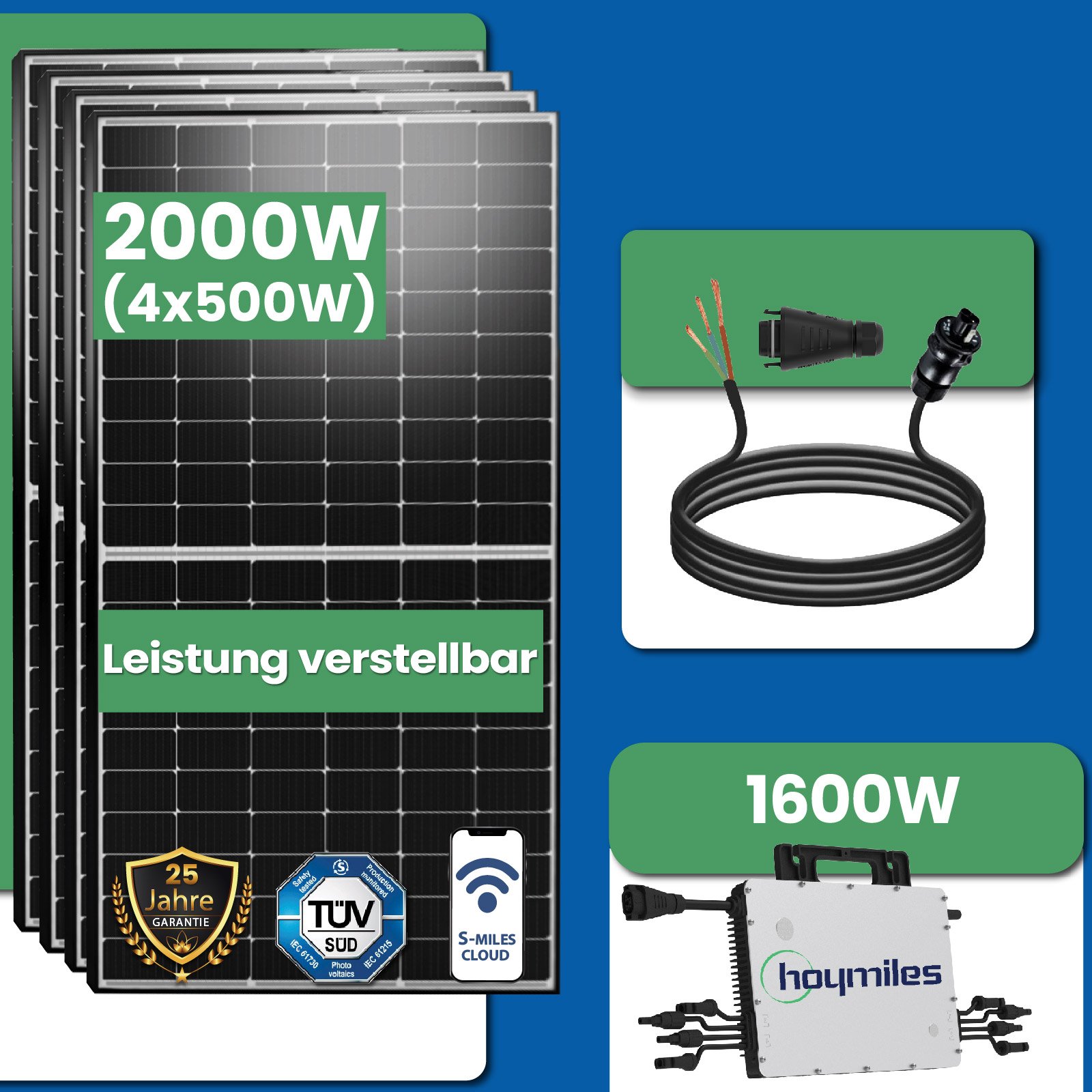 2000W Photovoltaik Balkonkraftwerk mit EPP 500W Solarmodule, Hoymiles  HMS-1600-4T Wechselrichter und DTU-WLite-S